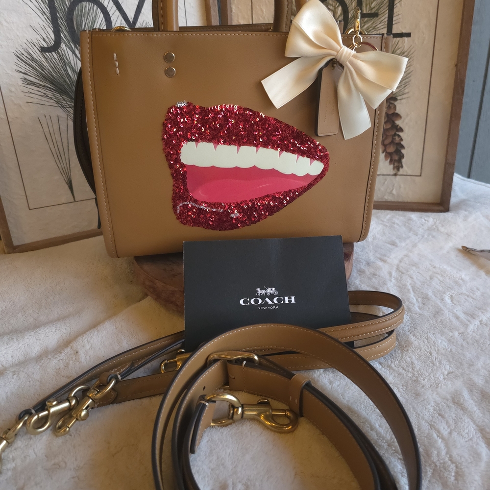 Coach Tan Bag with Red Sequin Lips Design